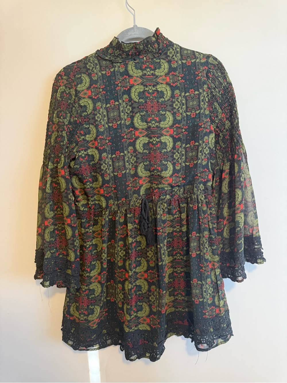 Sea Gypsies Women’s Peasant Floral Paisley Green/Black Mini Dress Size Small